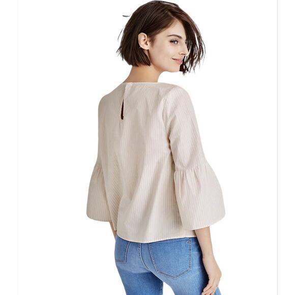 Madewell Apricot Ivory Poplin Stripe Ruffle Bell Sleeve Keyhole Back Blouse XS - Picture 9 of 9